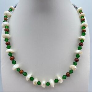 Freshwater Pearl & Green Crystal Beaded Necklace – Genuine Pearls